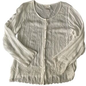 Soft Surroundings White Semi Sheer  Beaded Pearl Button Dressy Top Size Large‎